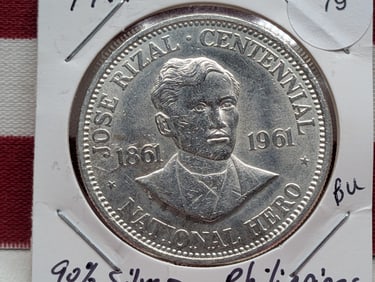 1961, 1 Peso, 90 % Silver, Philippines Centennial, Jose Rizal National Hero