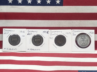 1922-A Three Mark 50% Silver 15 Grams, (2) 1918 25 Pfenning, & 1919 Ten Pfennig, German Coins