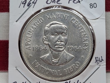 1964, 1 Peso, 90 % Silver, Philippines Centennial, Apolinario Mabini National Hero