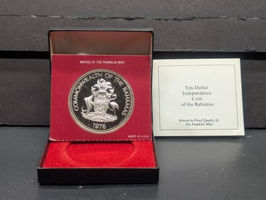 1976 Ten Dollar Proof Independence Coin of the Bahamas in Box, Sterling Silver, 62.3 Grams, 1.85
