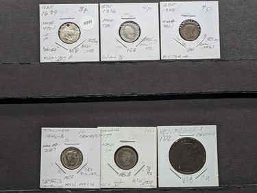 (6) World Coins Dated 1689-1855  (3) 92.5% Silver (1) 50% Silver, (1) 80% Silver, (1) Copper