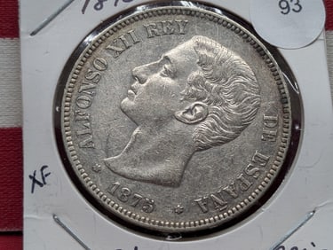 1875- DE-M, 5 Pesetas, Spain, 90 % Silver, 25 Grams