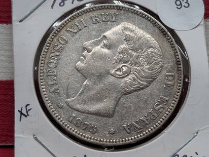 1875- DE-M, 5 Pesetas, Spain, 90 % Silver, 25 Grams: 1875- DE-M, 5 Pesetas, Spain, 90 % Silver, 25 Grams