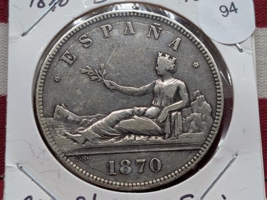 1870 -S.N.-M, 5 Pesetas, Spain, 90 % Silver