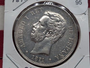 1871 - DE-M, 5 Pesetas, Spain, 90 % Silver