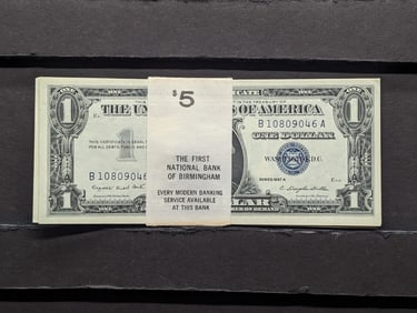 (5) 1957 A One Dollar Silver Certificates in a Five Dollar, The First National Bank of Birmingham