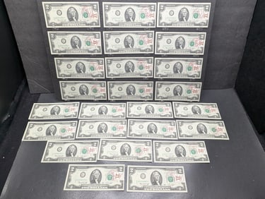 (25) 1976 Two Dollar Federal Reserve Notes Canceled Stamps Consecutive Order