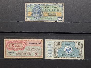(3) Military Payment Certificates  WWII, Five & Ten Cents