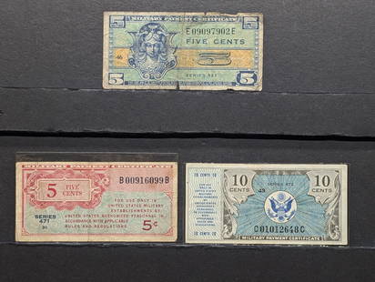 (3) Military Payment Certificates  WWII, Five & Ten Cents: (3) Military Payment Certificates WWII, Five & Ten Cents