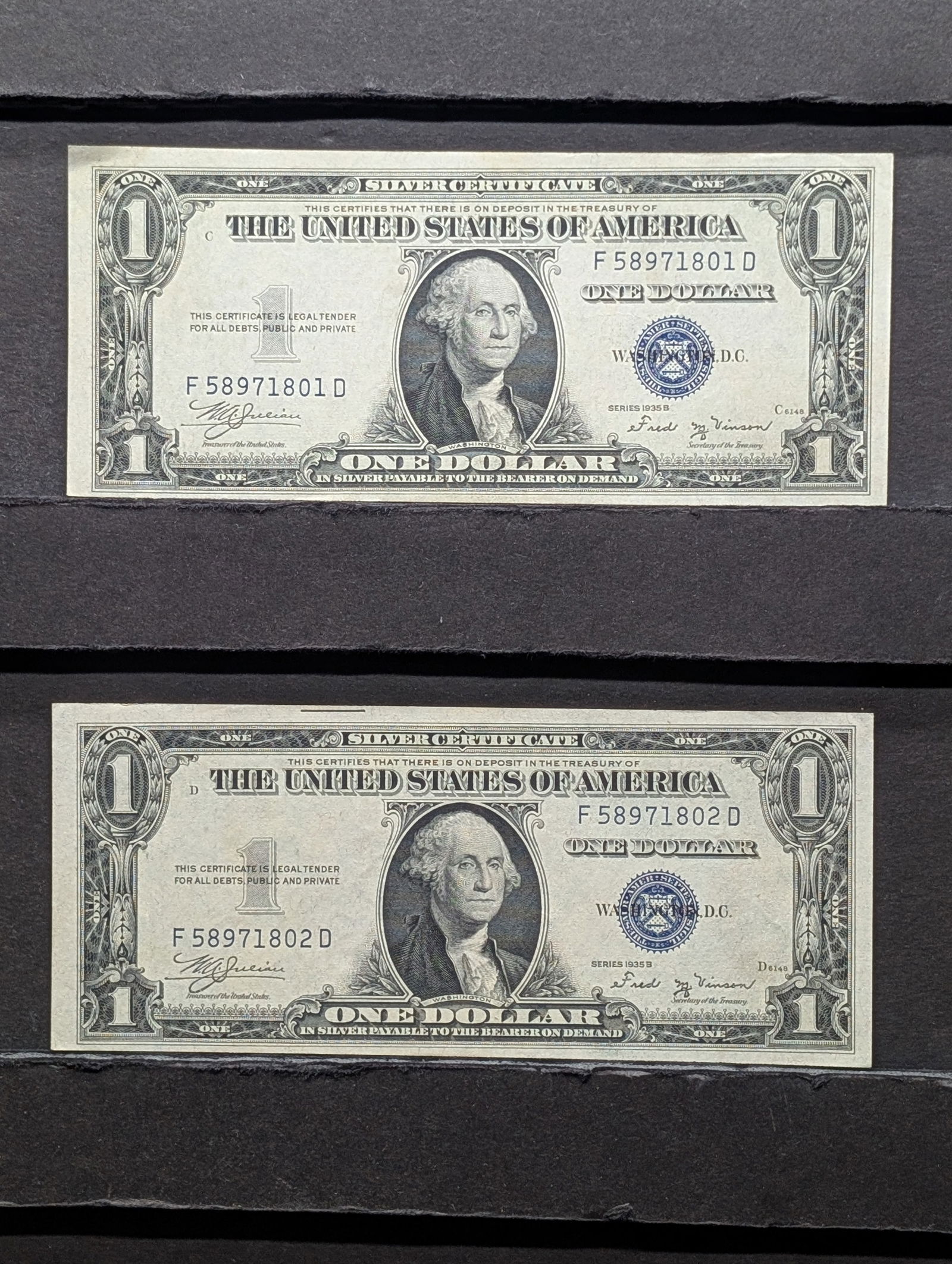 (2) 1935-B One Dollar Silver Certificates in Sequence (1 of 6)
