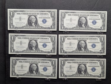 (6) 1957-B One Dollar Silver Certificates  6 Consecutive Numbers