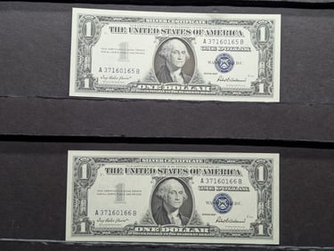 (2) 1957 One Dollar Silver Certificates  Pristine Condition  Consecutive Order