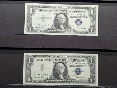 (2) 1957 One Dollar Silver Certificates  Pristine Condition  Consecutive Order: (2) 1957 One Dollar Silver Certificates Pristine Condition Consecutive Order