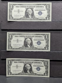 (3) 1957 One Dollar Silver Certificates Consecutive Order Very Good Condition
