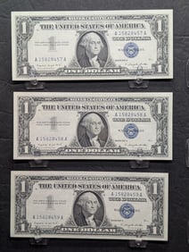 (3) 1957-A One Dollar Silver Certificates in Consecutive Order   Excellent Condition