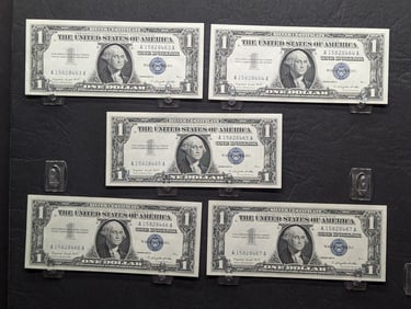 (5) 1957-A One Dollar Silver Certificates in Consecutive Order  Excellent Condition