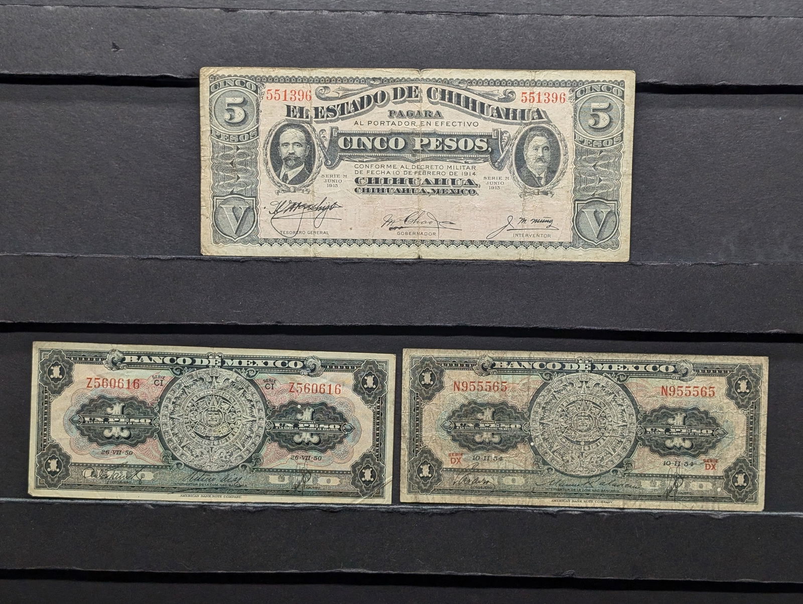 1915 Five Pesos & (2) 1954 One Pesos Mexico Currency Notes (1 of 8)