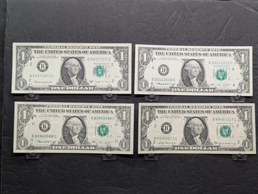 (4) One Dollar Federal Reserve Notes  1963-B, 1969-A, (2) 1974 Crisp