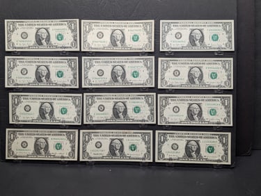 (12) One Dollar Federal Reserve Notes (4) 1977-A, (5) 1977, (1) 1985, (1) 1999, (1) 2017-A