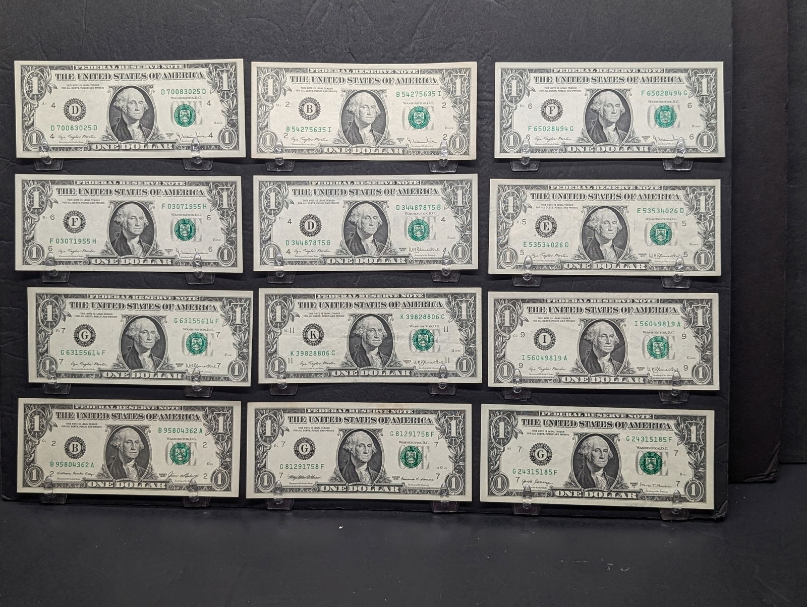 (12) One Dollar Federal Reserve Notes (4) 1977-A, (5) 1977, (1) 1985, (1) 1999, (1) 2017-A (1 of 5)