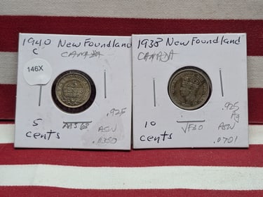 1938 Newfoundland Canada 10 Cent Coin & 1940-C Newfoundland Canada 5 Cent Coin, Both Sterling Silver