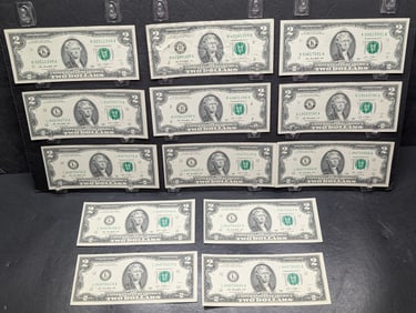 (13) 2013 Two Dollar Federal Reserve Notes 2 Sets of 2 in Sequence , 1  w/ Lower Serial Number