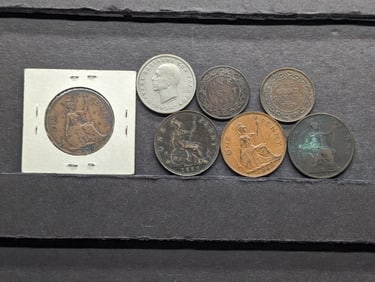 (6) Great Britain & Canada Large Cents & (1) 1954 Greece 5 Drachmas