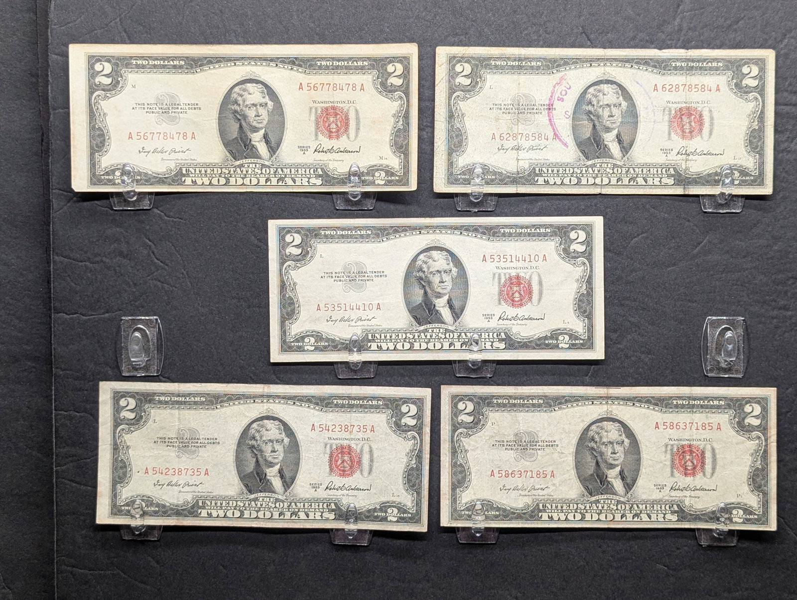(5) 1953A Red Seal Two Dollar Legal Tender Notes: (5) 1953A Red Seal Two Dollar Legal Tender Notes