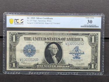 1923 One Dollar Silver Certificate, Large Size Note, Graded PCGS Very Fine 30