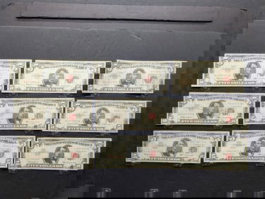 (9) 1963 Red Seal Five Dollar Legal Tender Notes One is A Star Note