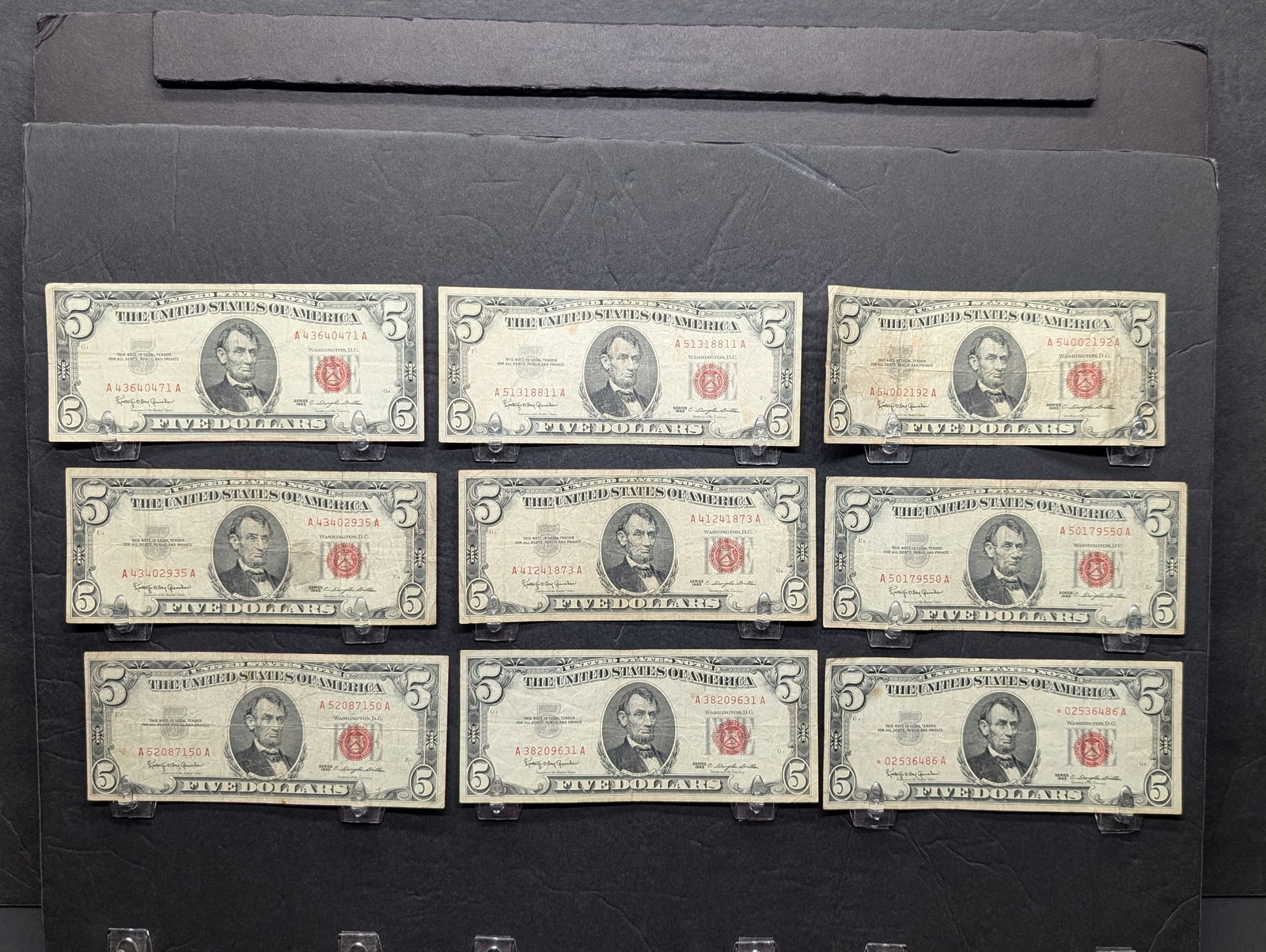 (9) 1963 Red Seal Five Dollar Legal Tender Notes One is A Star Note (1 of 5)