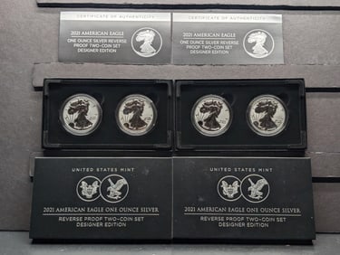 (2 Sets, 4 Coins Total) 2021 W & S Type 1 & Type 2 U.S. Mint  American Silver Eagle One OZ. Silver