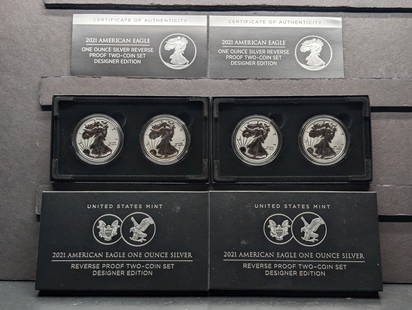 (2 Sets, 4 Coins Total) 2021 W & S Type 1 & Type 2 U.S. Mint  American Silver Eagle One OZ. Silver: (2 Sets, 4 Coins Total) 2021 W & S Type 1 & Type 2 U.S. Mint American Silver Eagle One OZ. Silver Reverse Proof Designer Edition in OGP w/ COA, Four Oz. of Silver