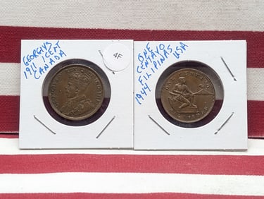 1911 Canada One Cent & 1944-S Philippines One Centavo Coins