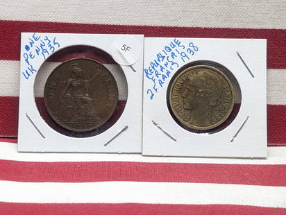 1935 UK One Penny & 1938 France 2 Francs Coins: 1935 UK One Penny & 1938 France 2 Francs Coins
