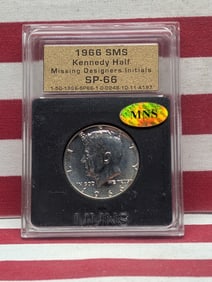 1966 SMS 40% Silver Kennedy Half Dollar, Scarce, Missing Designers Initial, SP-66 by MNS