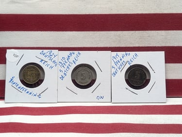 1924-A Deutsches Reich Renten Pfennig, 1910 Deutsches Reich 5 Pfennig, & 1915 Deutsches Reich 5