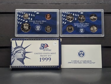 1999-S U.S. Mint Proof Set, includes the First year Statehood Quarters, 9 Coin Set In OGP with COA,