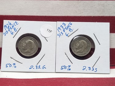 1926 & 1933 Great Britain Six Pence, 50% Silver.