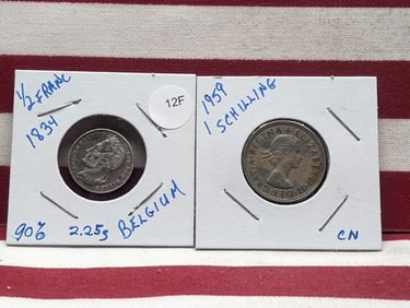 1834 Belgium 1/2 Franc, 90% Silver & 1959 Britain 1 Shilling Coins