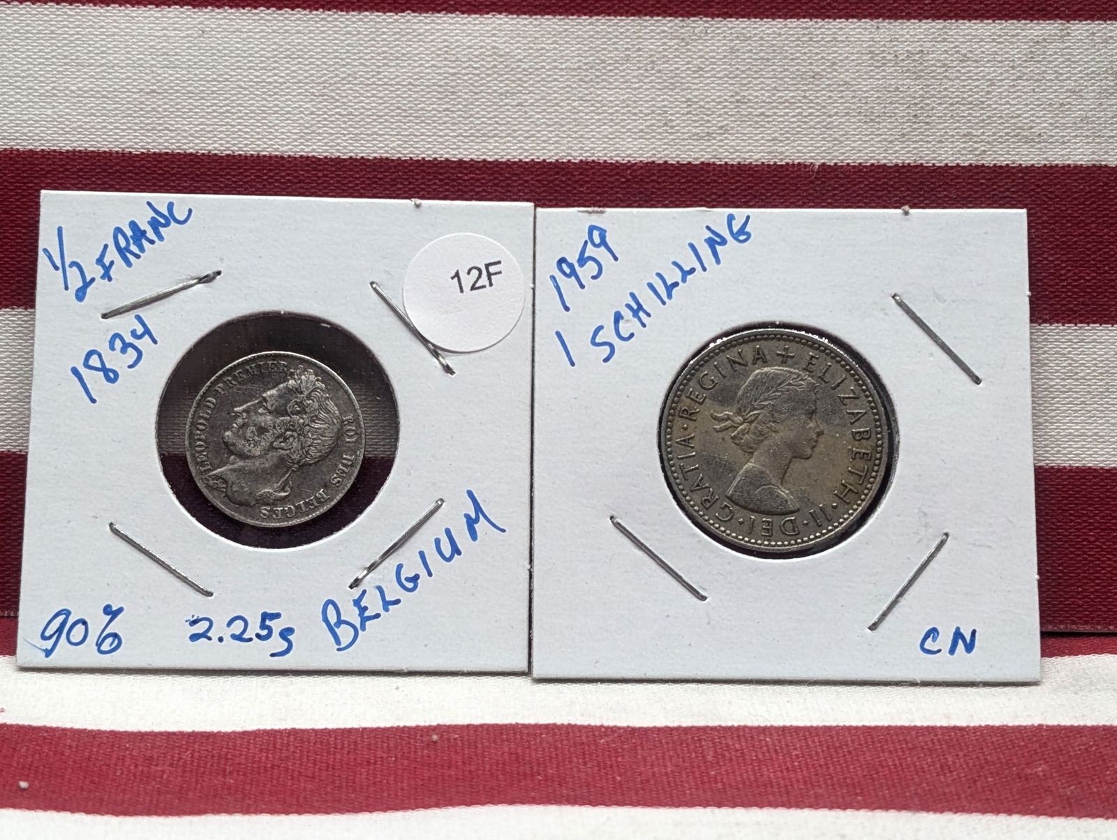 1834 Belgium 1/2 Franc, 90% Silver & 1959 Britain 1 Shilling Coins (1 of 3)