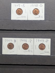 1947-D (flip labeled incorrectly), 1948-D, 1949-D, (2) 1949-P Lincoln Wheat Cents