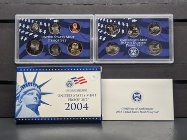 2004 -S U.S. Mint Proof Set, 11 Coin Set with the Extra Nickel, Statehood Quarters and the Sacagawea