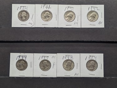 (8) 90% Silver Quarters 1934, (2) 1941, 1942, 1944-S, 1947, 1948-S, 1954