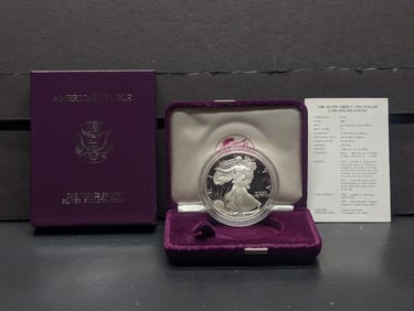 1986-S American Silver Eagle, .999 Silver, Key Date, First Year,  In OGP With COA