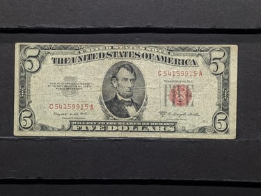 1953 B $5 U.S. Federal Reserve Red Seal Note, Off Center