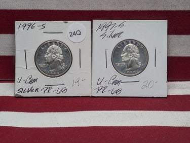 (2) Ultra Cameo Proof Washington Quarters, 1996 -S & 1997-S Ultra Cam Proof 90% Silver