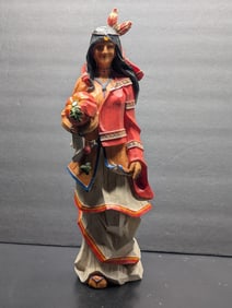 Native American Woman Figurine - Rustic Hand-Painted Carved Wood-Style Sculpture - Harvest Theme