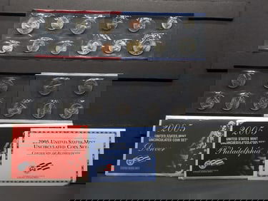 2005 P&D U.S. Mint 22 Coin Uncirculated Coin Set, includes the State Quarters, the extra Nickels &