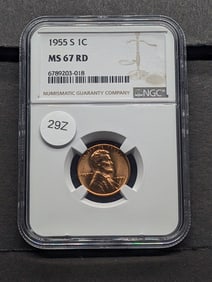 MS67 RD 1955-S Lincoln Cent (Graded by NGC), books $125